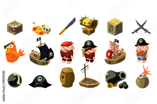 Cartoon pirate icons set. Mobile game assets. Captain, parrot, sailboat, treasure chest, gold, skull, crossed daggers, spyglass, sword, hat, bomb. Flat vector design