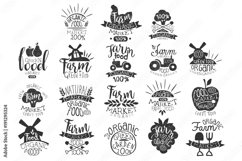 Vector set of textured monochrome labels for farm market. Green garden. Emblem for organic food store. Natural products. Hand drawn logos with lettering