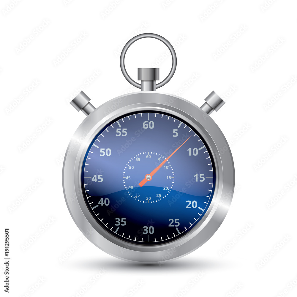 Realistic metallic stopwatch, close-up front view of stopwatch, time concept Realistic metallic stopwatch, close-up front view of stopwatch, time concept