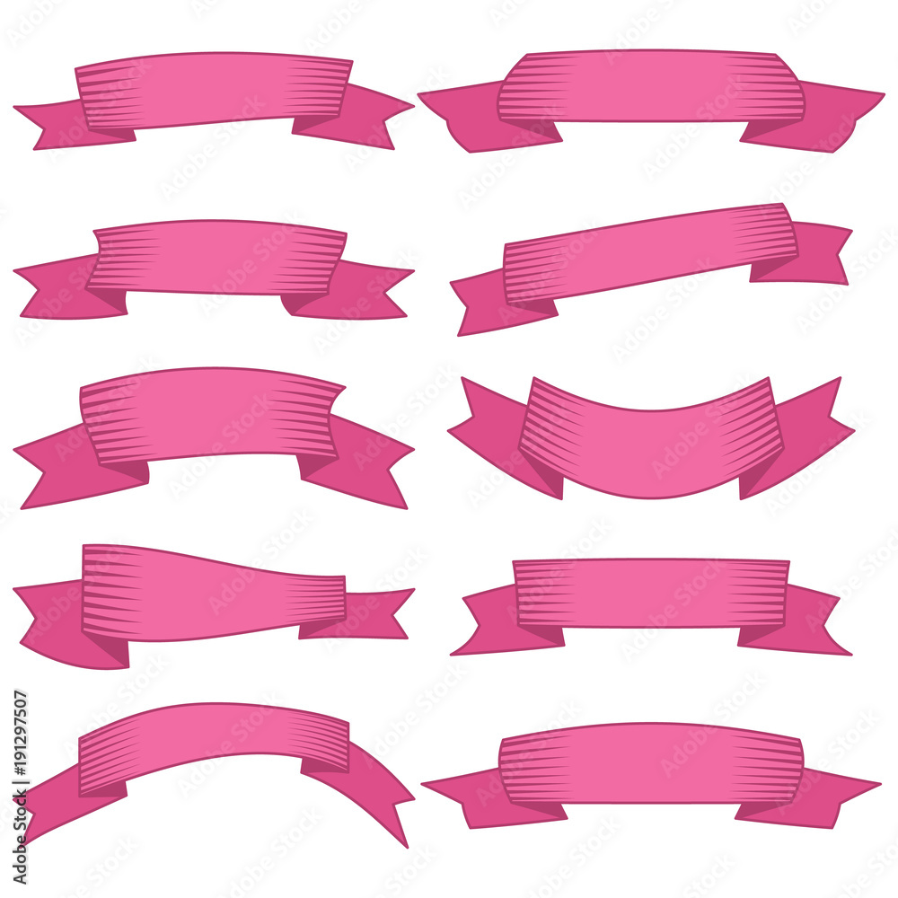 Set of ten pink ribbons and banners for web design. Great design element isolated on white background. Vector illustration.
