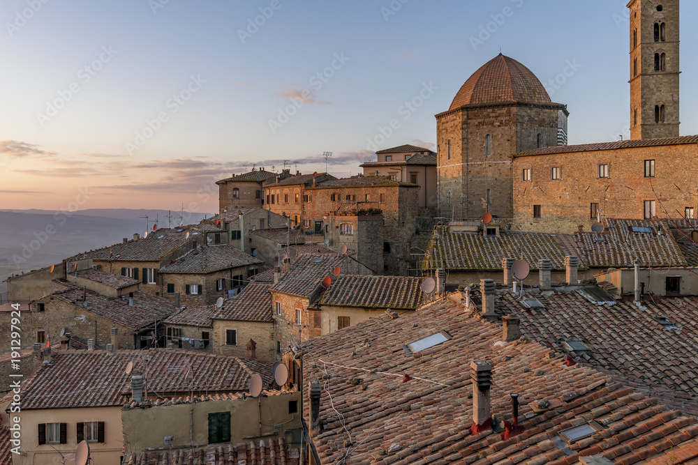 Sunset on the medieval center of Volterra, Pisa, Tuscany, Italy