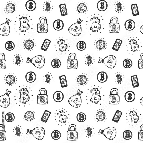 seamless pattern with hand drawn doodle bitcoin icons