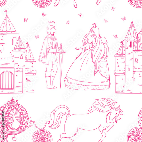 Seamless pattern with prince, princess, castle, carriage with horse and butterflies. Fairy tale theme. Isolated objects. Vintage vector illustration