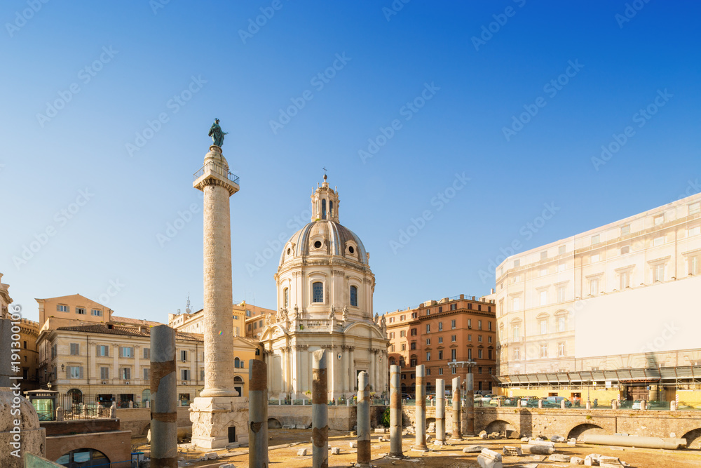 Santa Maria di Loreto and ruins of roman forum in Rome, Italy.