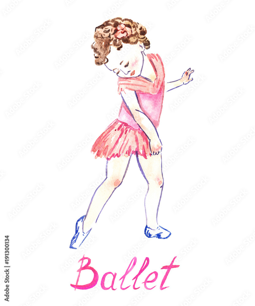 Classic  ballet dancing girl in pink dress, hand painted watercolor illustration with inscription isolated on white