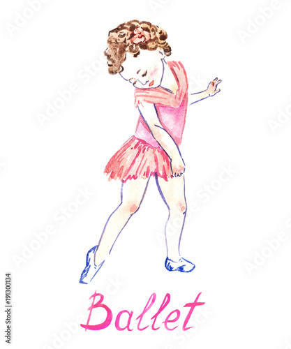 Classic ballet dancing girl in pink dress, hand painted watercolor illustration with inscription isolated on white