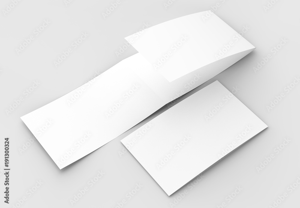 Template of blank three fold horizontal - landscape brochure mock up isolated on soft gray background. 3D illustrating.. 3D illustrating. Template of blank three fold horizontal - landscape brochure mock up isolated on soft gray background. 3D illustrating.. 3D illustrating.