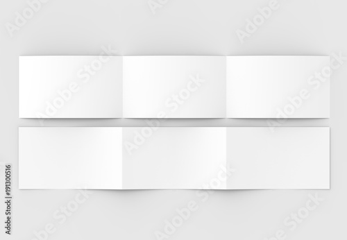 Fototapeta Naklejka Na Ścianę i Meble -  Template of blank three fold horizontal - landscape brochure mock up isolated on soft gray background. 3D illustrating.. 3D illustrating.