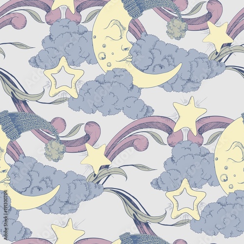 Clouds, stars and crescent vector seamless pattern night texture with moon background