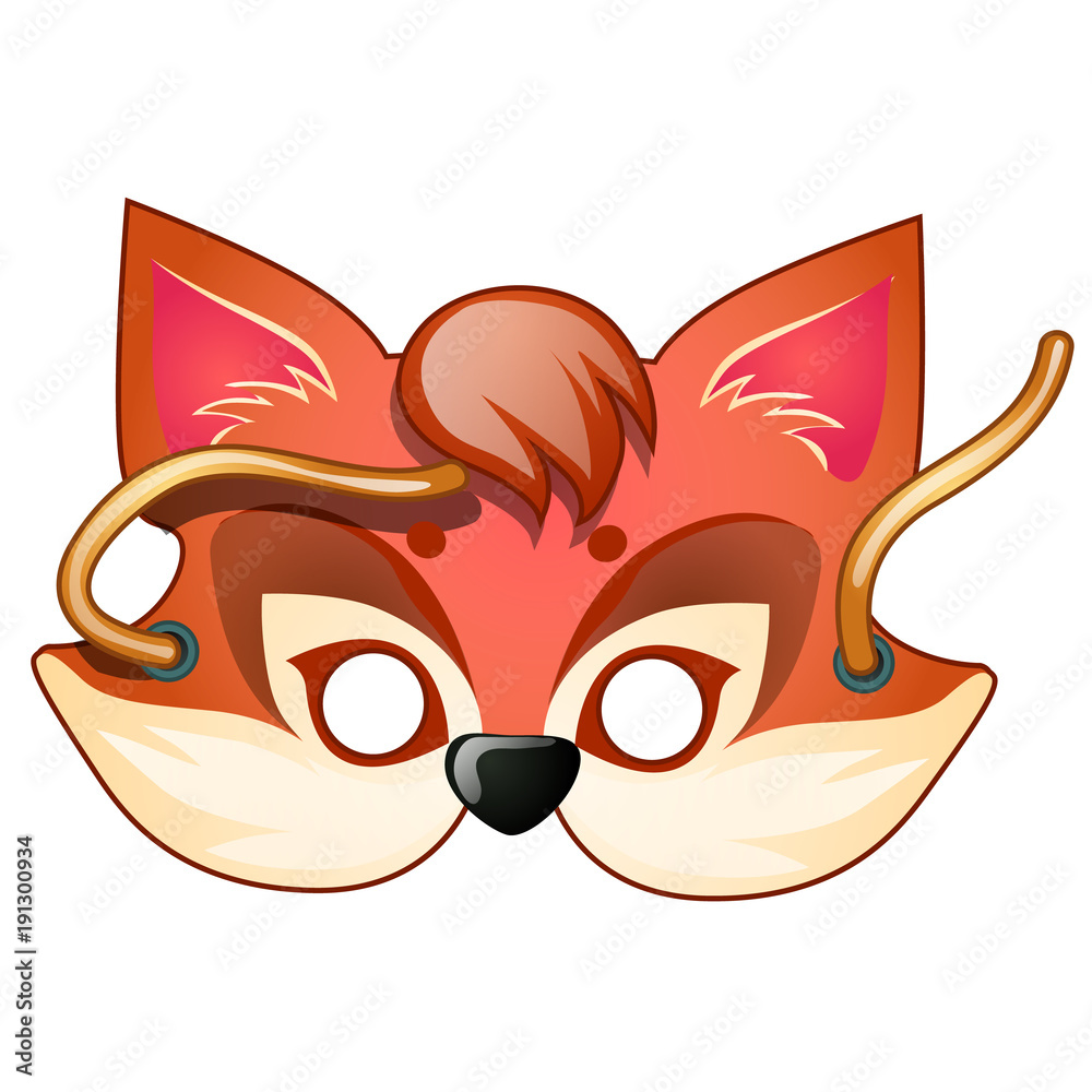 Casual fox mask with strings drawn in cartoon style. Carnival and masquerade accessories. Vector illustration isolated on white background