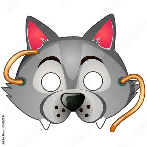 Funny wolf mask with strings drawn in cartoon style. Carnival and masquerade accessories. Vector illustration isolated on white background