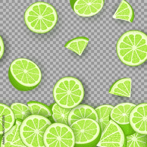 Vector illustration of falling lime fruit. Green lemon vector pattern citrus fruits whole and slice for design of food packaging breakfast, detox, cosmetics cream, jam, juice
