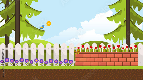 Beautiful Flower Bed Vector Illustration. Flowering Garden in Spring. Landscape Background.