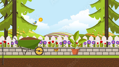 Beautiful Flower Bed Vector Illustration. Flowering Garden in Spring. Landscape Background.