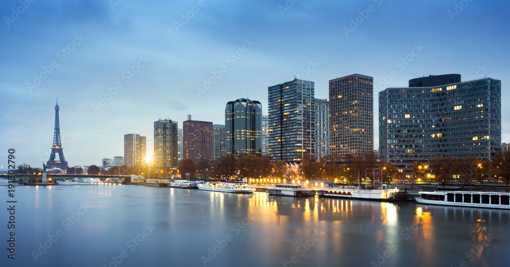 Eiffel tower, Beaugrenelle district and Seine river in Paris, France