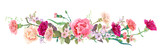 Panoramic view: bouquet of carnation schabaud, spring blossom. Horizontal border: red, pink flowers, buds, leaves on white background. Digital draw illustration in watercolor style, vintage, vector