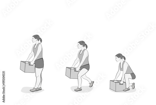 the woman correctly lifts the box. vector illustration.