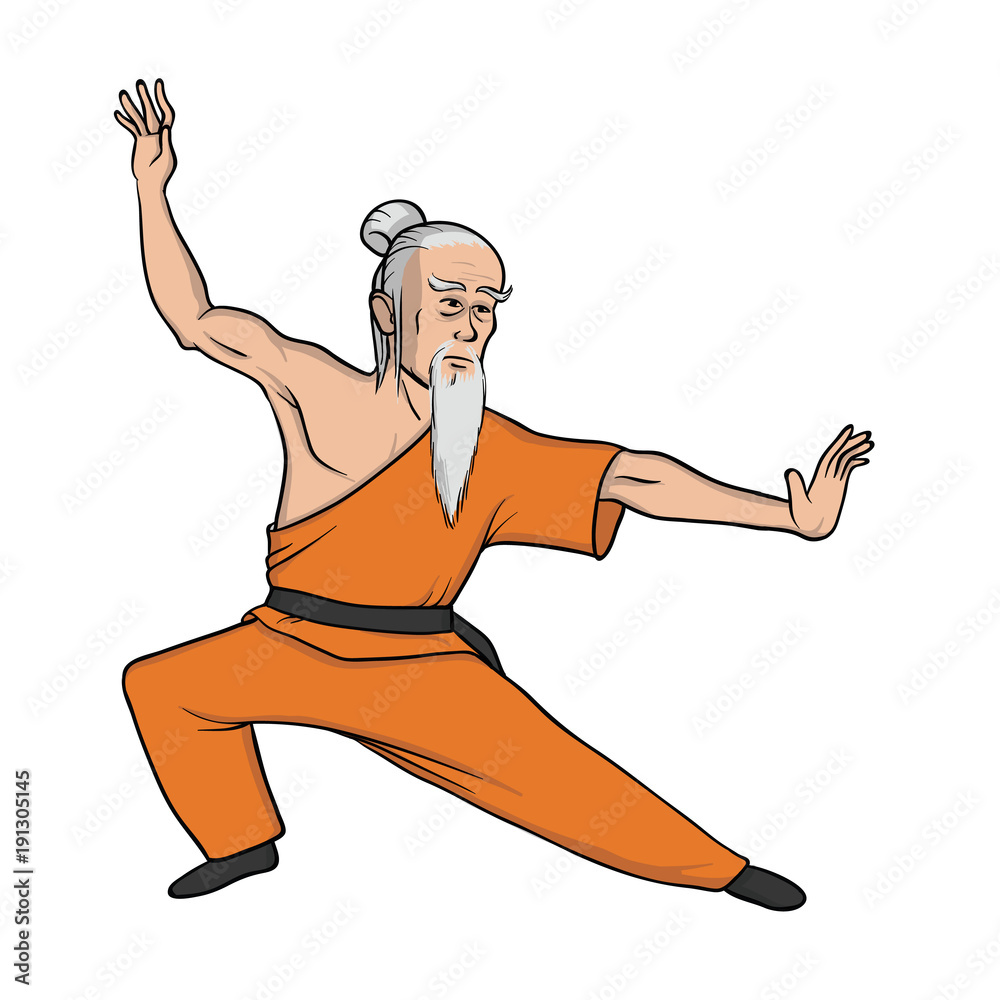 Shaolin monk practicing kung fu or wushu. Old master of martial art ...