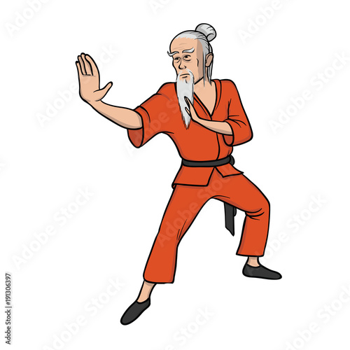 Shaolin monk practicing kung fu or wushu. Old master of martial art. Vector illustration, isolated on white background.