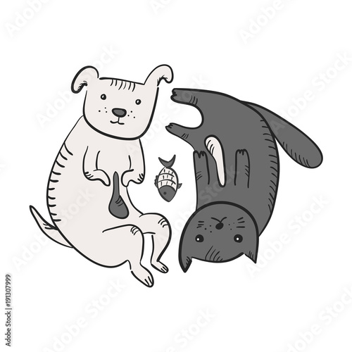 Cute funny cartoon yin and yang symbol with cat, dog and fish. Black and white sketchy hand drawn thoughtful and tired pets lying in circle. Feng shui symbol for animals shelter, pet shop, pounds