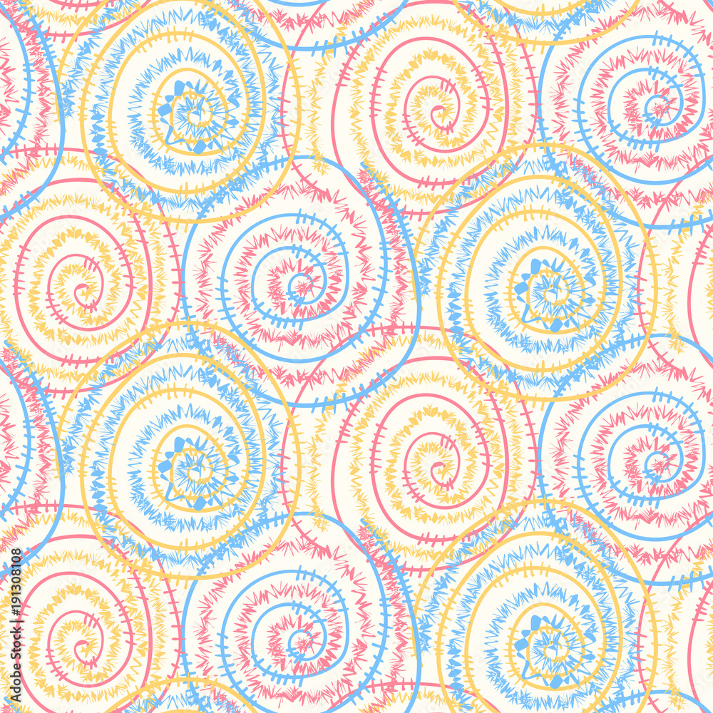 Bright light colors seamless pattern with hand drawn round spangle swirl wire spirals. Abstract tender texture with round elements for background, textile, wrapping paper, cover, surface, wallpaper Bright light colors seamless pattern with hand drawn round spangle swirl wire spirals. Abstract tender texture with round elements for background, textile, wrapping paper, cover, surface, wallpaper