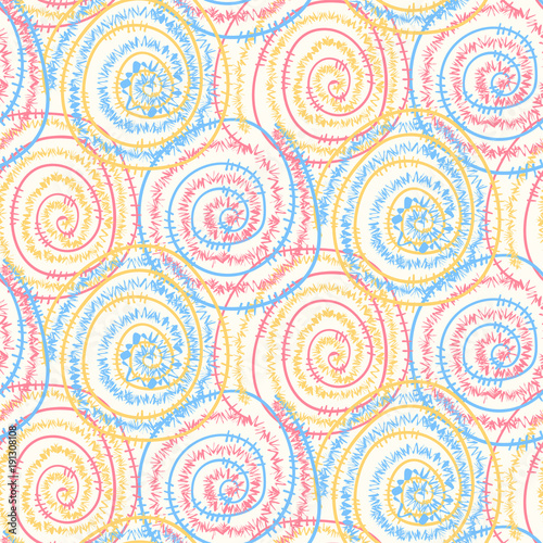 Bright light colors seamless pattern with hand drawn round spangle swirl wire spirals. Abstract tender texture with round elements for background, textile, wrapping paper, cover, surface, wallpaper