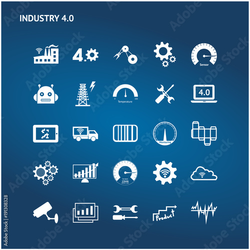 Industry 4.0 , Industrial internet of things technology trend concept. White icons set of sensor of smart factory , monitoring , process control and augmented reality on blue background.