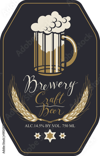 Template vector label for craft beer with overflowing glass of frothy beer, wheat ears and handwritten inscriptions in figured frame in retro style.