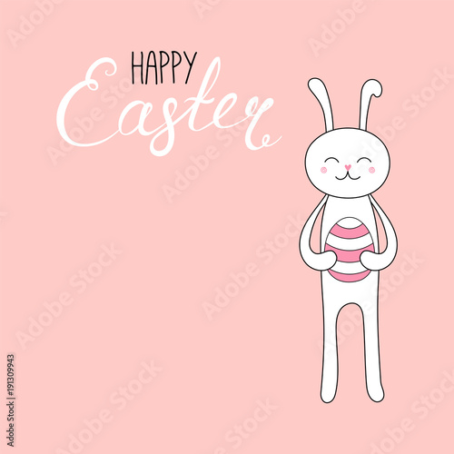 Hand drawn vector illustration with cute cartoon bunny with an egg, Happy Easter lettering. Isolated objects. Vector illustration. Festive design elements. Concept for greeting card, invitation.
