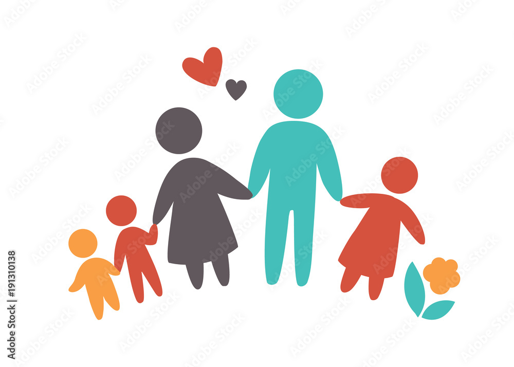 Happy family icon multicolored in simple figures. Three children, dad and mom stand together. Vector can be used as logotype - obrazy, fototapety, plakaty 