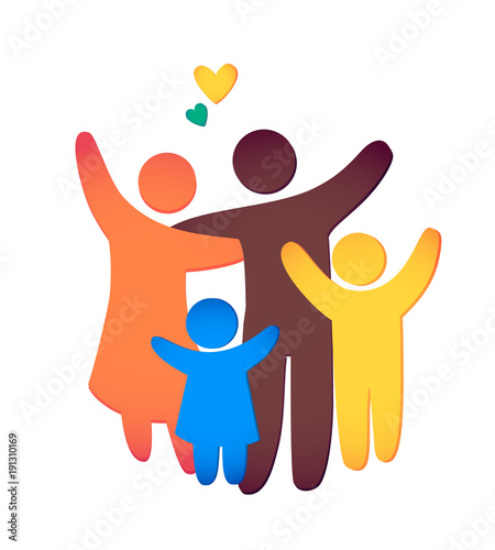 Happy family icon multicolored in simple figures. Two children, dad and mom stand together. Vector can be used as logotype.