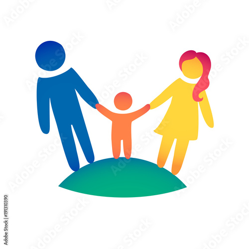 Happy family icon multicolored in simple figures. Baby, dad and mom stand together. Vector can be used as logotype