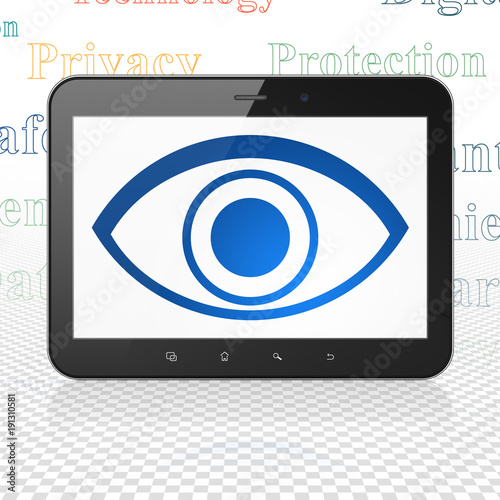 Free Download Security concept: Tablet Computer with  blue Eye icon on display,  Tag Cloud background, 3D rendering - GFXLoad