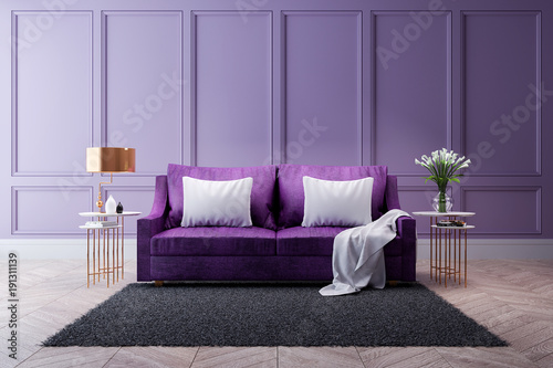 Luxury modern interior of living room ,Ultraviolet home decor concept ,purple sofa and black table with gold lamp on light purple wall and woodfloor ,3d render
