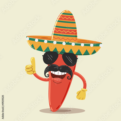 Mexican Chili Pepper Character with Sunglasses and Sombrero