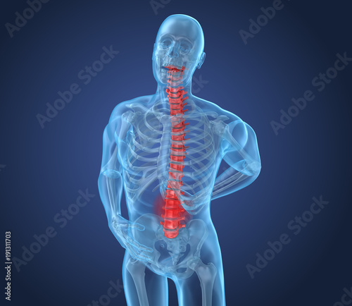 Spinal pain Attack, man suffering from spinal pain. 3D illustration