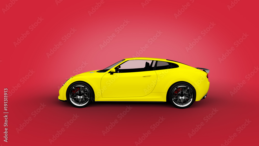 yellow sports car on red background, photorealistic 3d render, generic design, non-branded