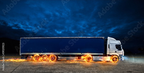 Super fast delivery of package service with a truck with wheels on fire