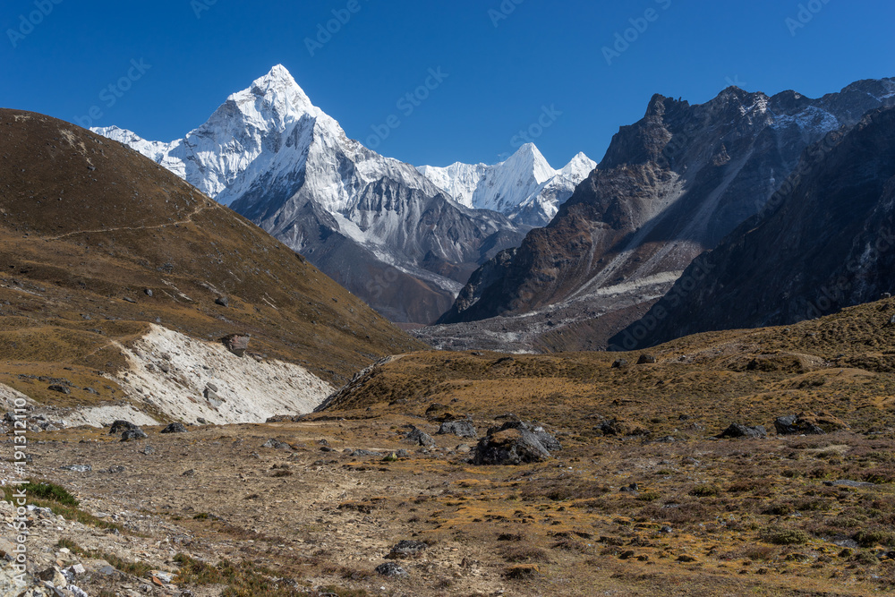 Ama Dablam mountain peak view from Dzongla village, Everest region, Nepal