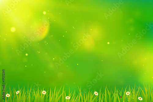 Green background with grass and flowers.