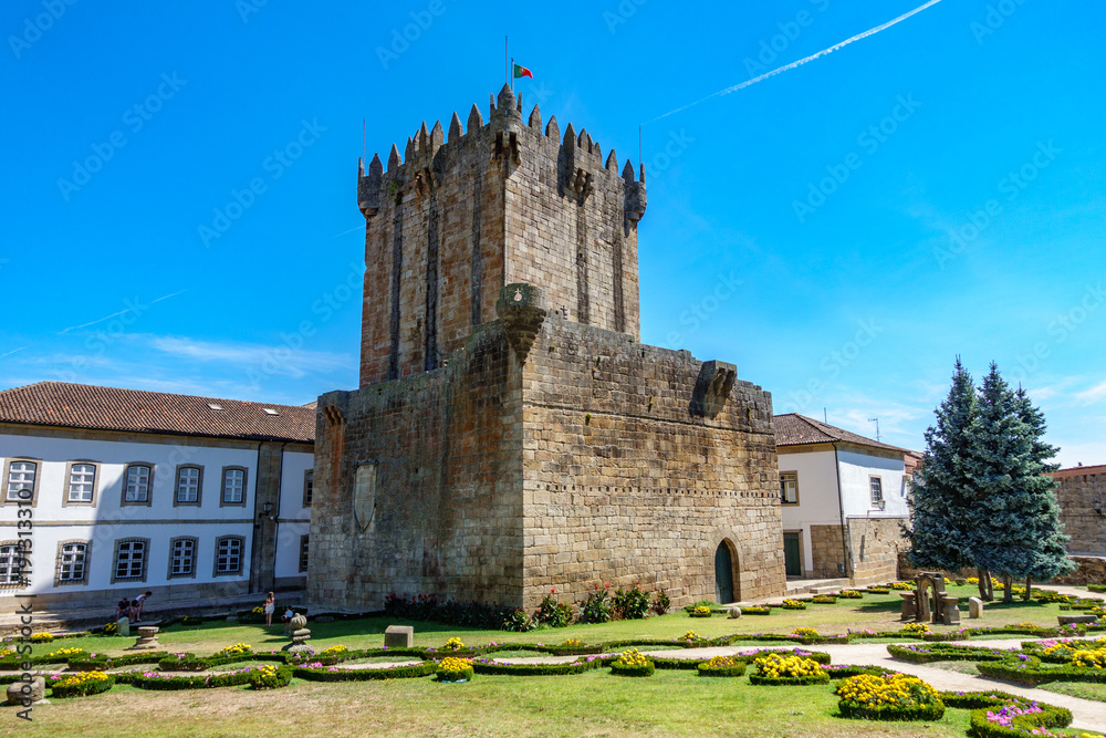 Fototapeta premium Old tower, castle and garden in Chaves, Portugal