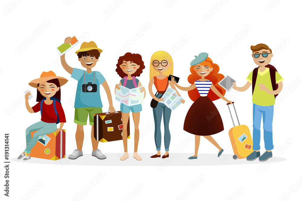 Group of tourists cartoon characters vector flat illustration. Young funny  people with suitcases are traveling together. Stock Vector | Adobe Stock