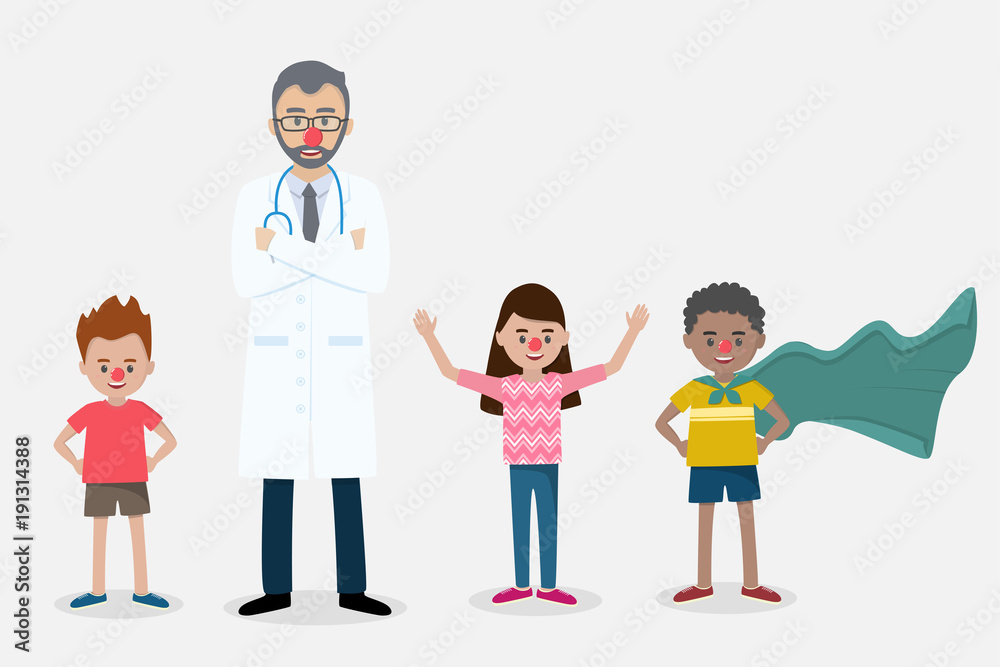 Senior doctor with a red clown nose with children.