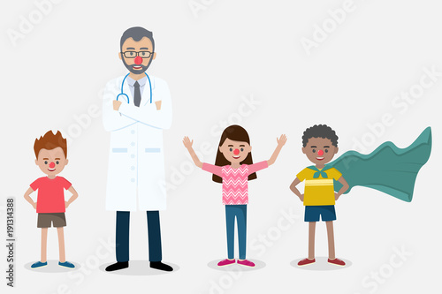 Senior doctor with a red clown nose with children.
