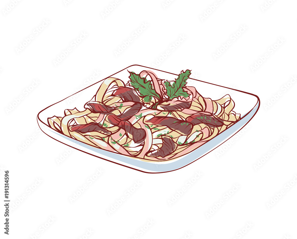 Noodles with meat icon isolated on white background. Chinese cuisine dish label, asian restaurant menu element, famous oriental food vector illustration. Noodles with meat icon isolated on white background. Chinese cuisine dish label, asian restaurant menu element, famous oriental food vector illustration.