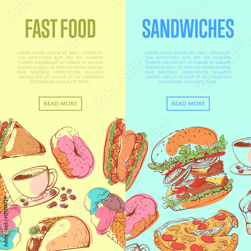 Fast food flyers with sandwich  muffin  ice cream  taco  donut  hot dog  cup of coffee  pizza and hamburger sketches. Restaurant takeaway menu  delicious street food advertising vector illustration.