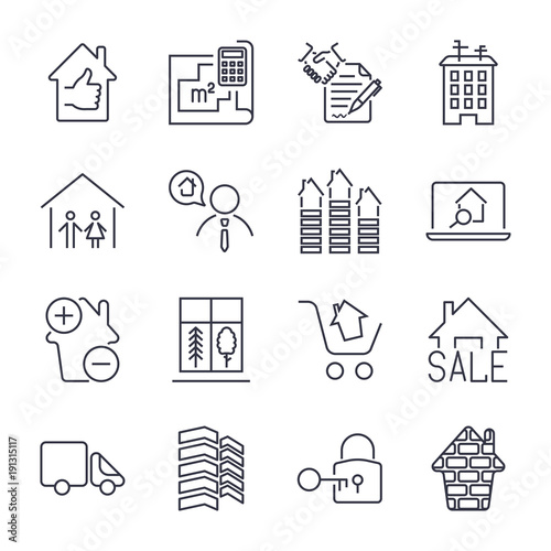 Real estate thin icons. Handshake, contract, bilding, bathroom, house and other. Icon set with editable stroke