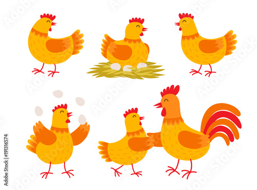 Happy hen cartoon character in different poses isolated on white background. Hen and rooster vector flat illustration. Cute and funny colorful set of egg-laying hens. Chicken with eggs.