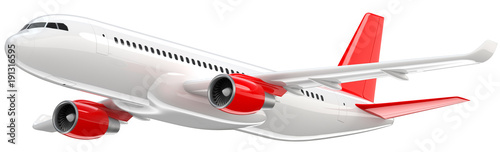 High detailed white airliner with a red tail wing, 3d render on a white background. Airplane Take Off, isolated 3d illustration. Airline Concept Travel Passenger plane. Jet commercial airplane photo