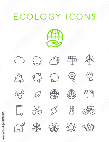 Set of Minimal Simple Ecology Thin Line Icons on White Background